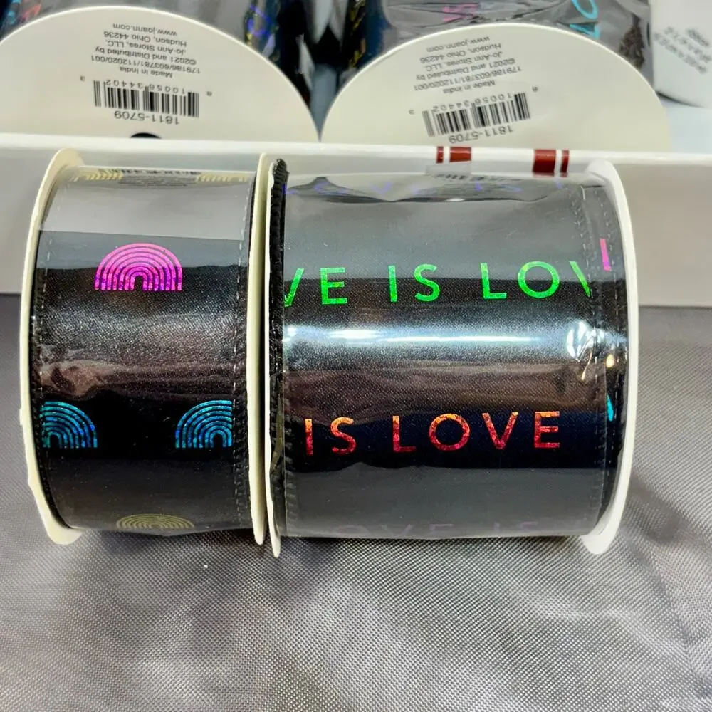 Ribbon LGBTQ+ Pride Black Satin W/ Rainbow Metallic Wired Crafting Lot 22 Rolls
